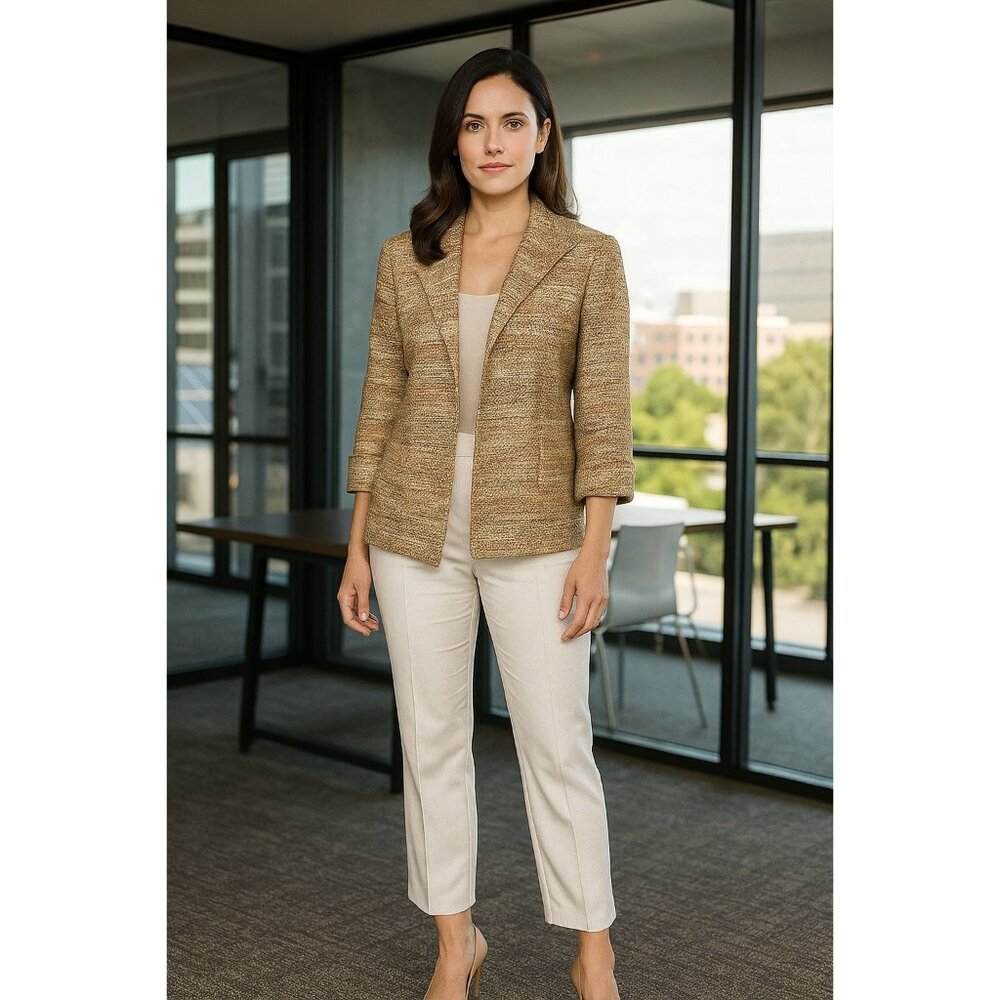 Coldwater Creek Tweed Blazer 14 Beige/Orange Open Front Textured Business Chic